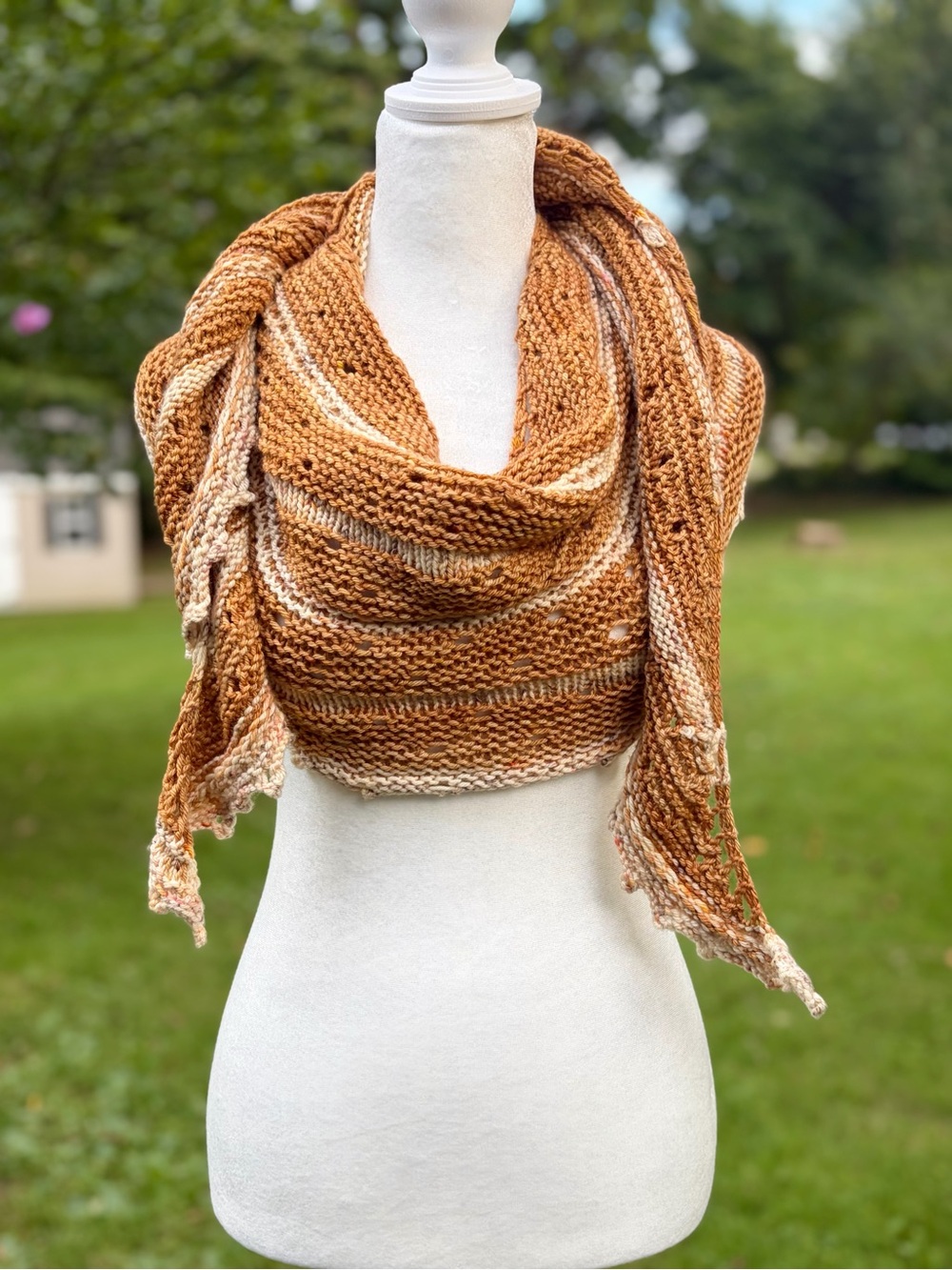 Custom Pumpkin Spice Luxury Merino Hand Knit Fall Shawl in Tan, Cream & Caramel